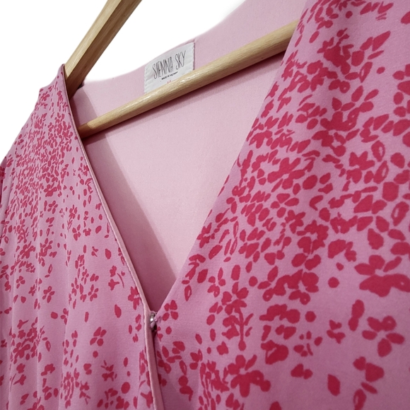 🌿Sienna Sky Women's Medium Pink Floral Faux Wrap Dress With Ties, Lined - Picture 6 of 12